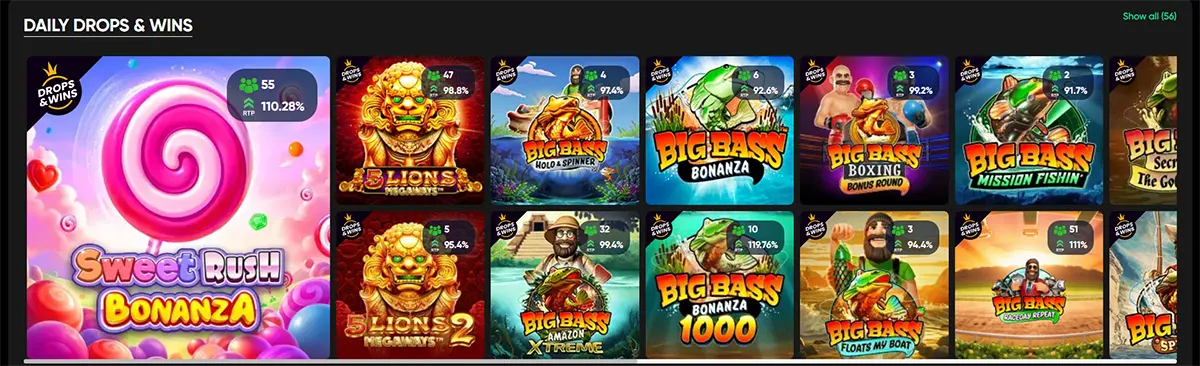 Daily Drops & Wins games grid featuring Sweet Rush Bonanza, 5 Lions Megaways, multiple Big Bass titles, and other colorful slot cards on a dark interface, with RTP and player count badges shown on each game tile.